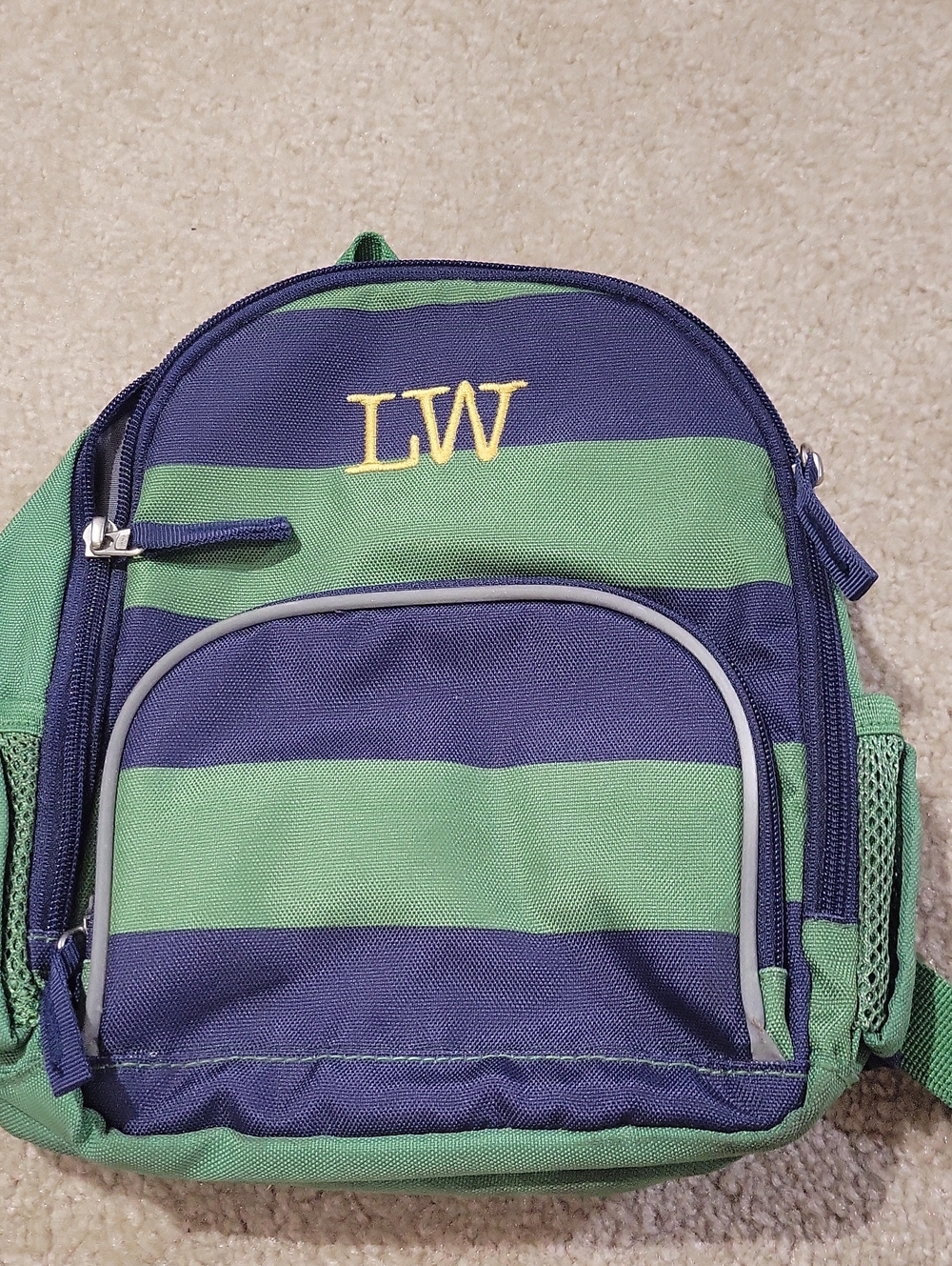 Pottery Barn Kids Navy Blue & Green Striped Backpack with Monogram